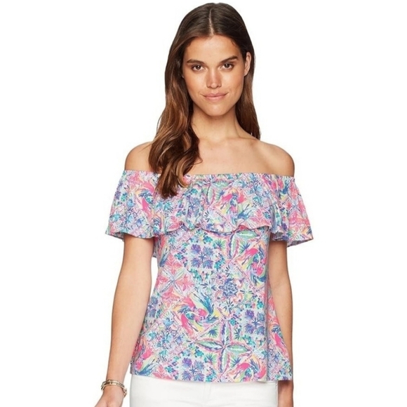 Lilly Pulitzer Tops - Lilly Pulitzer Off Shoulder Ruffle Top Womens Size XXS Tropical Print Colorful